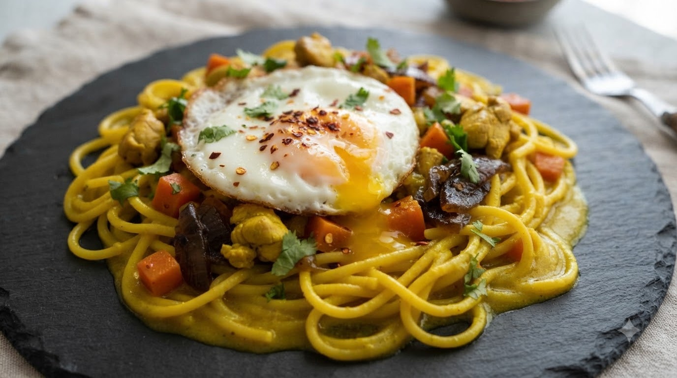 Pfannengericht-Curry-Hähnchen-Nudeln mit knusprigem Spiegelei