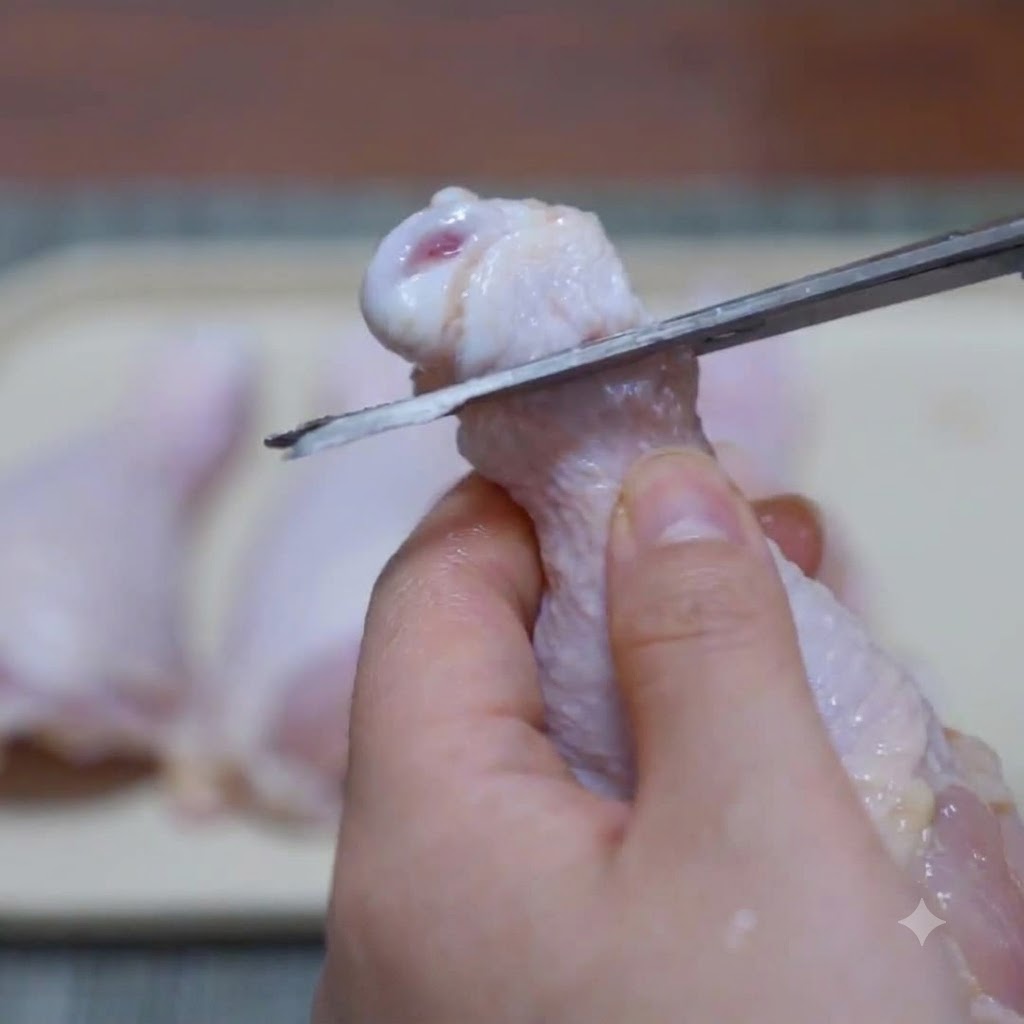 Mit einer Küchenschere um das Gelenk einer Hähnchenunterkeule schneiden zur Vorbereitung des Entbeinens.