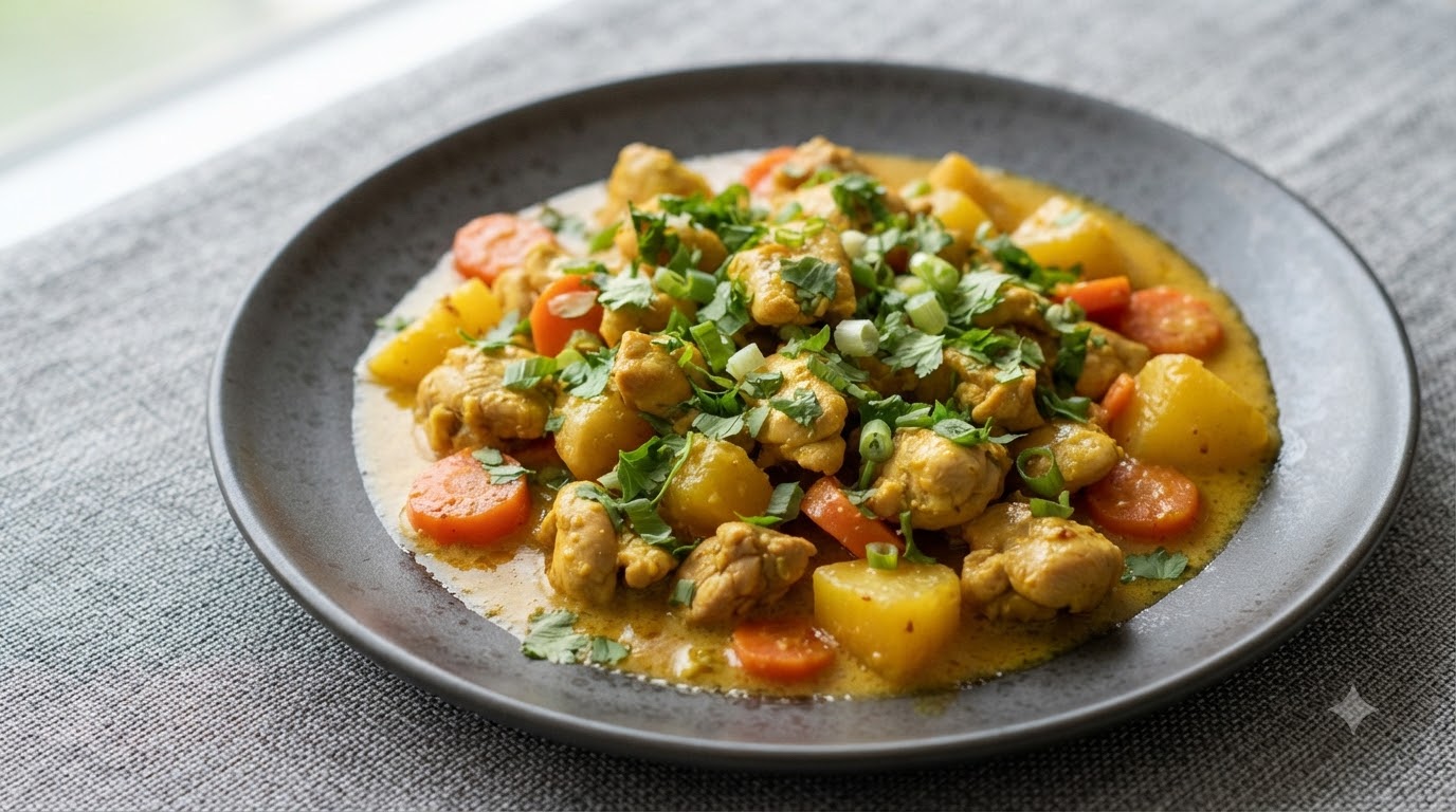 Ein dunkler Teller voller reichhaltigem Kokos-Curry-Hähnchen, zarten Kartoffelstücken und Karotten, garniert mit frischem Koriander.