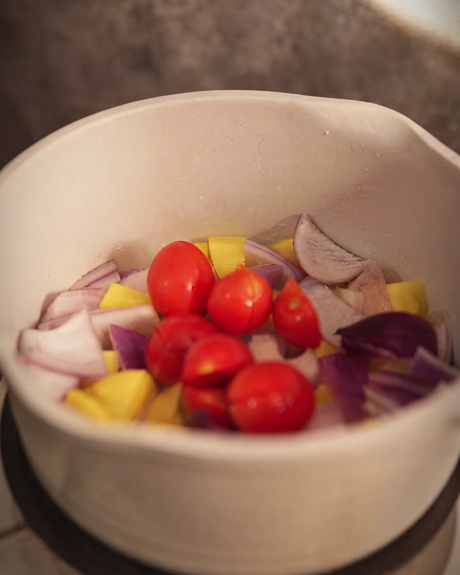 Kleine Tomaten werden in den Topf zu Kartoffeln und Zwiebeln gegeben.