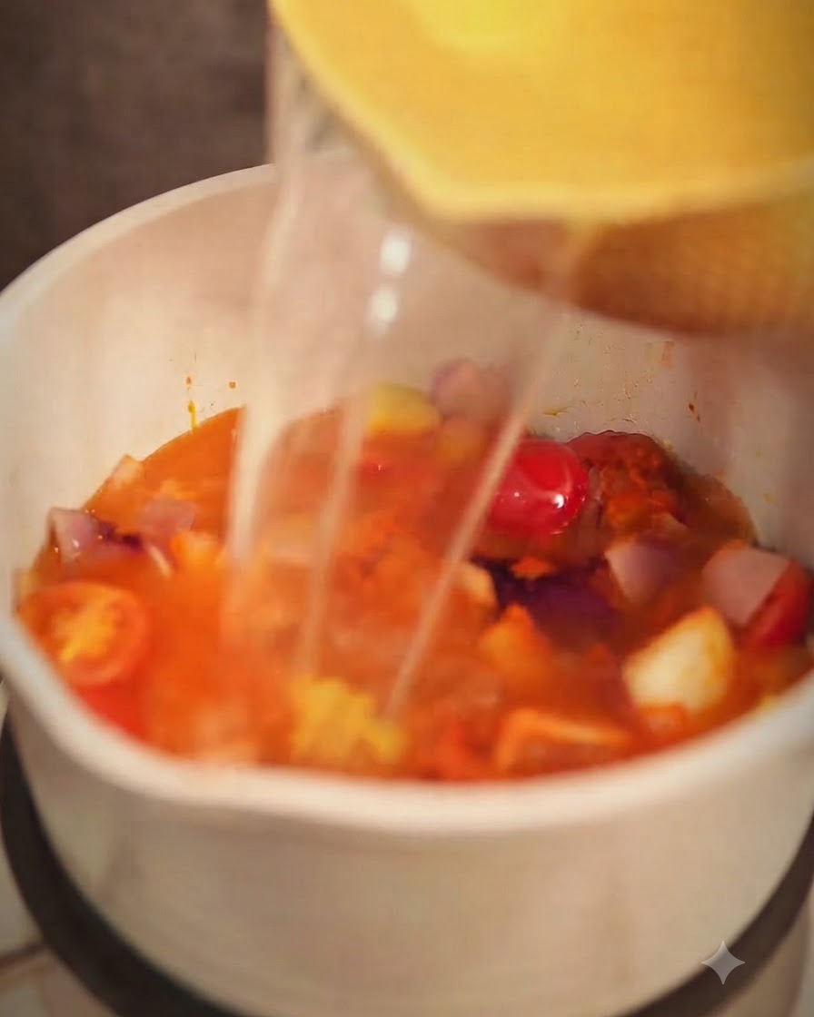Hühnerbrühe wird in den Topf mit der Curry-Gemüse-Mischung gegossen.