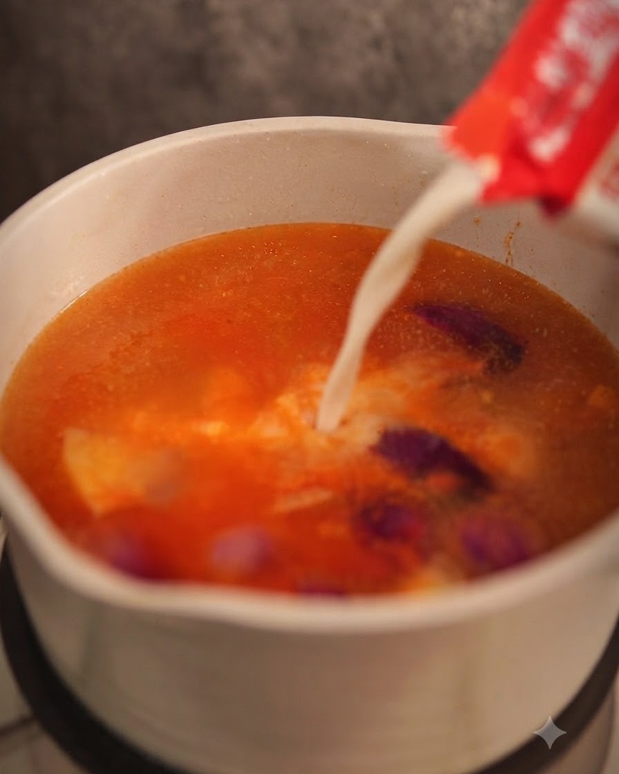 Dicke Kokosmilch wird aus einem Karton in einen Topf mit köchelnder Rote-Curry-Brühe gegossen.