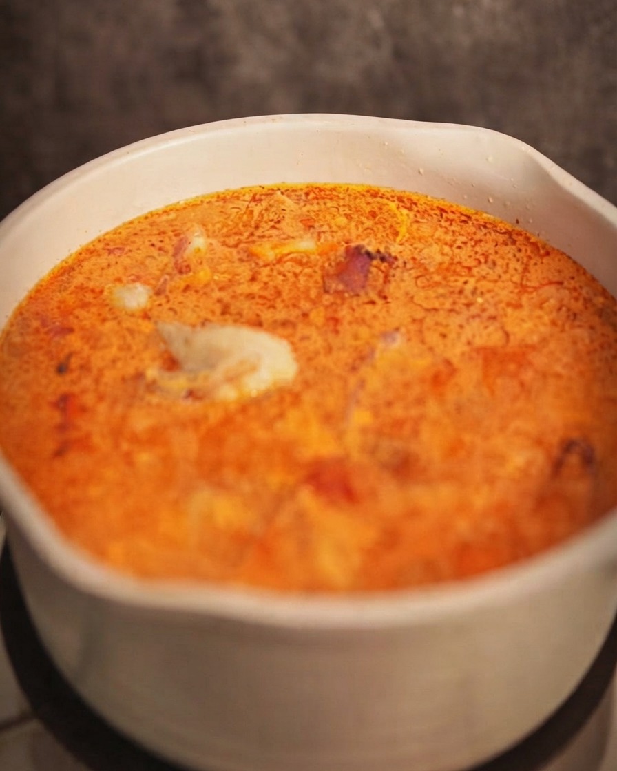 Blanchierte Hähnchenstücke werden wieder in den Topf mit der blubbernden Rote-Curry-Suppe gegeben.