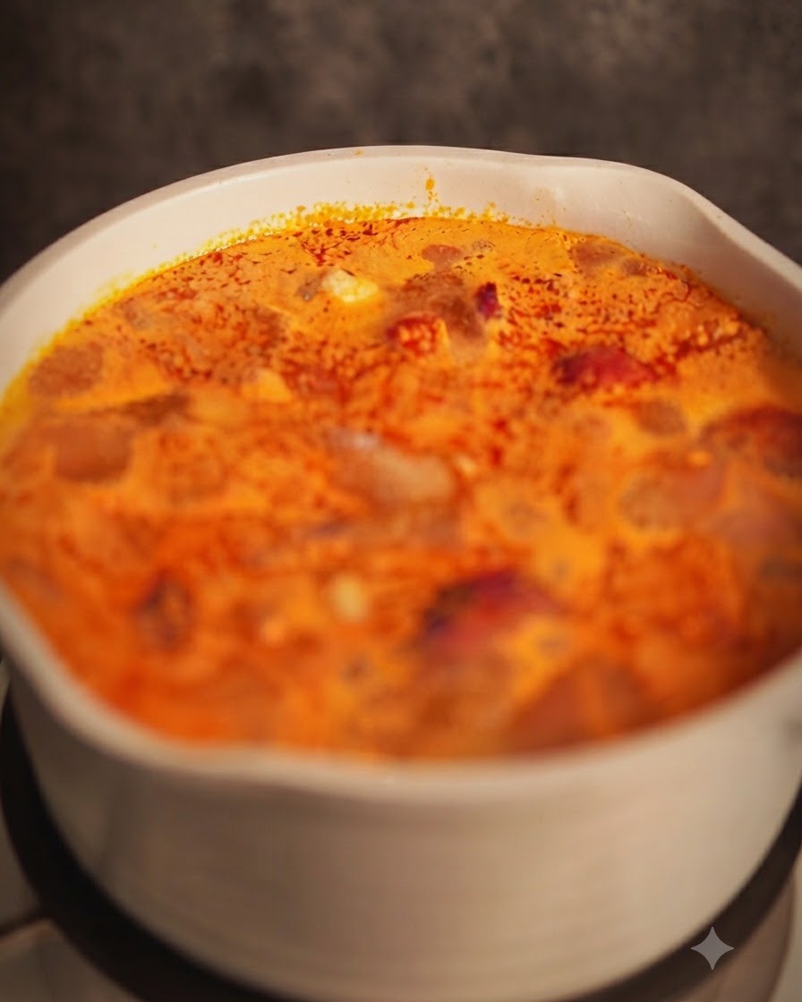 Zerkleinerte Frühlingszwiebeln werden in einen Topf mit aromatischer Rote-Curry-Suppe gerührt.
