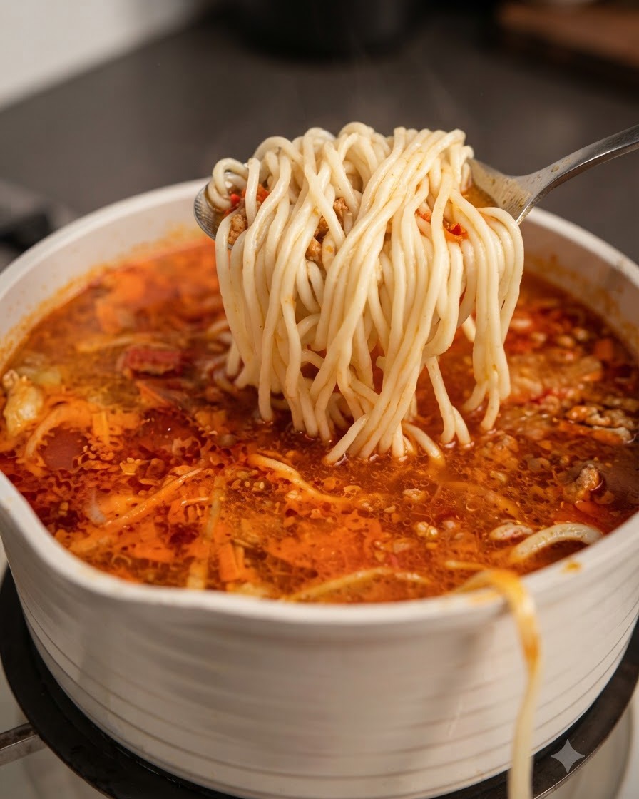 Eine Schöpfkelle hebt einen Teil gekochter Nudeln über einen mit Nudelsuppe gefüllten Topf.