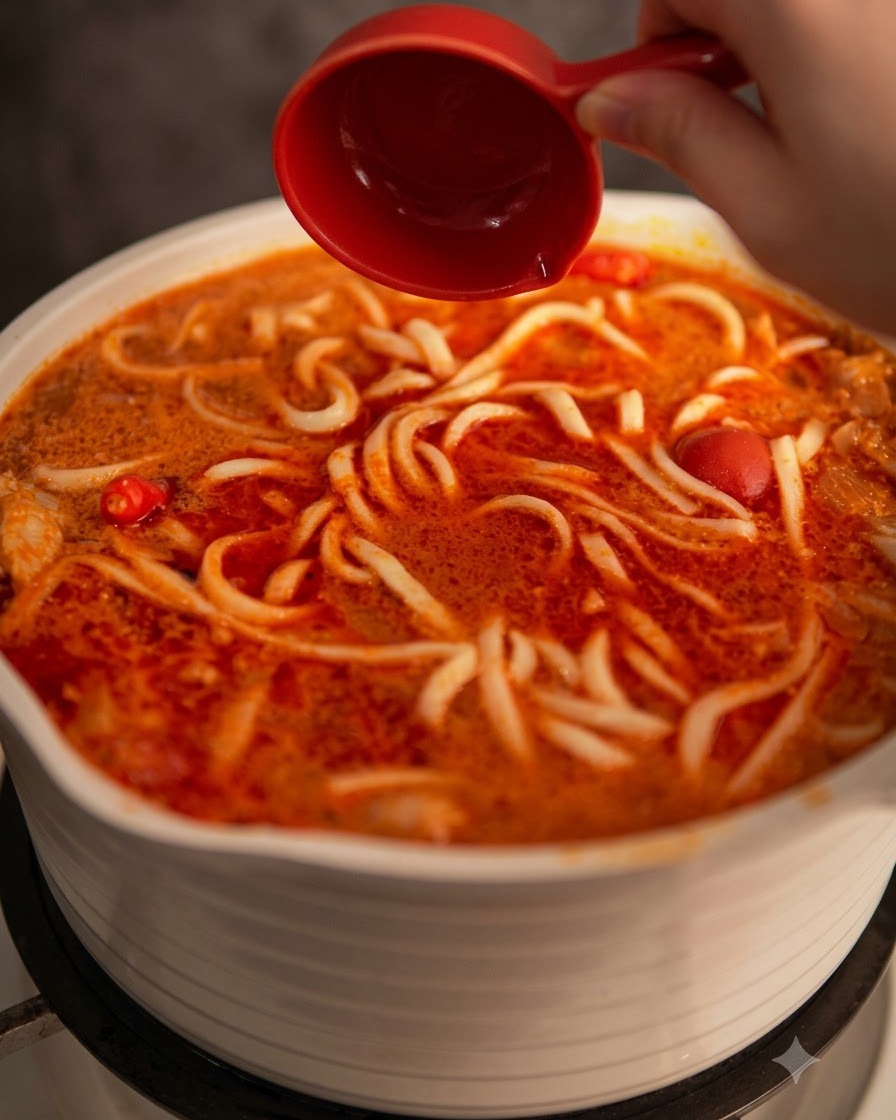 Ein roter Messbecher wird verwendet, um die mit Limette und Pfeffer garnierte Nudelsuppe zu verfeinern.