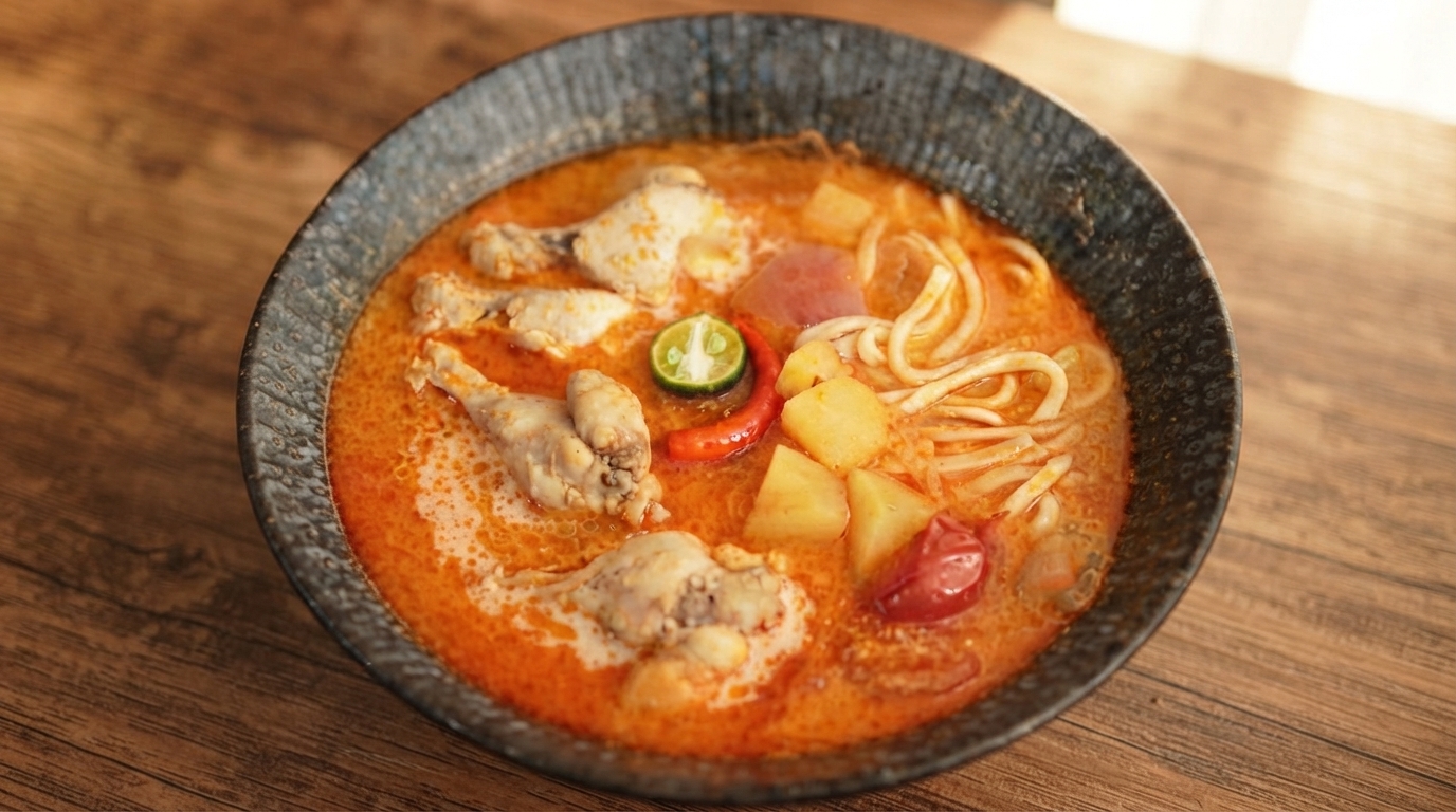 Thailändische Rote-Curry-Suppe mit Kartoffeln, Hähnchen und Nudeln