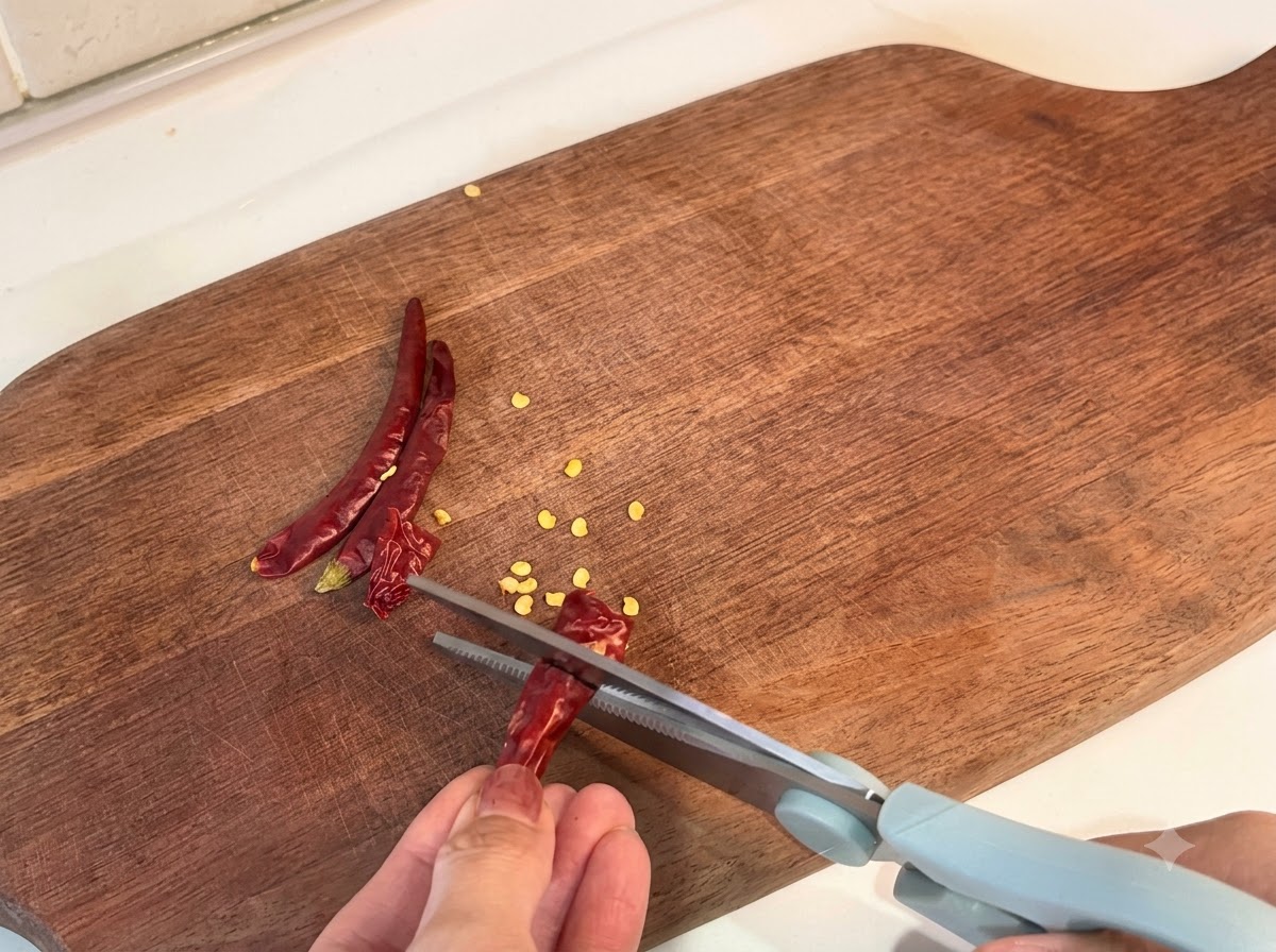 Getrocknete Chilischoten werden mit einer Küchenschere auf einem Holzbrett in Stücke geschnitten.