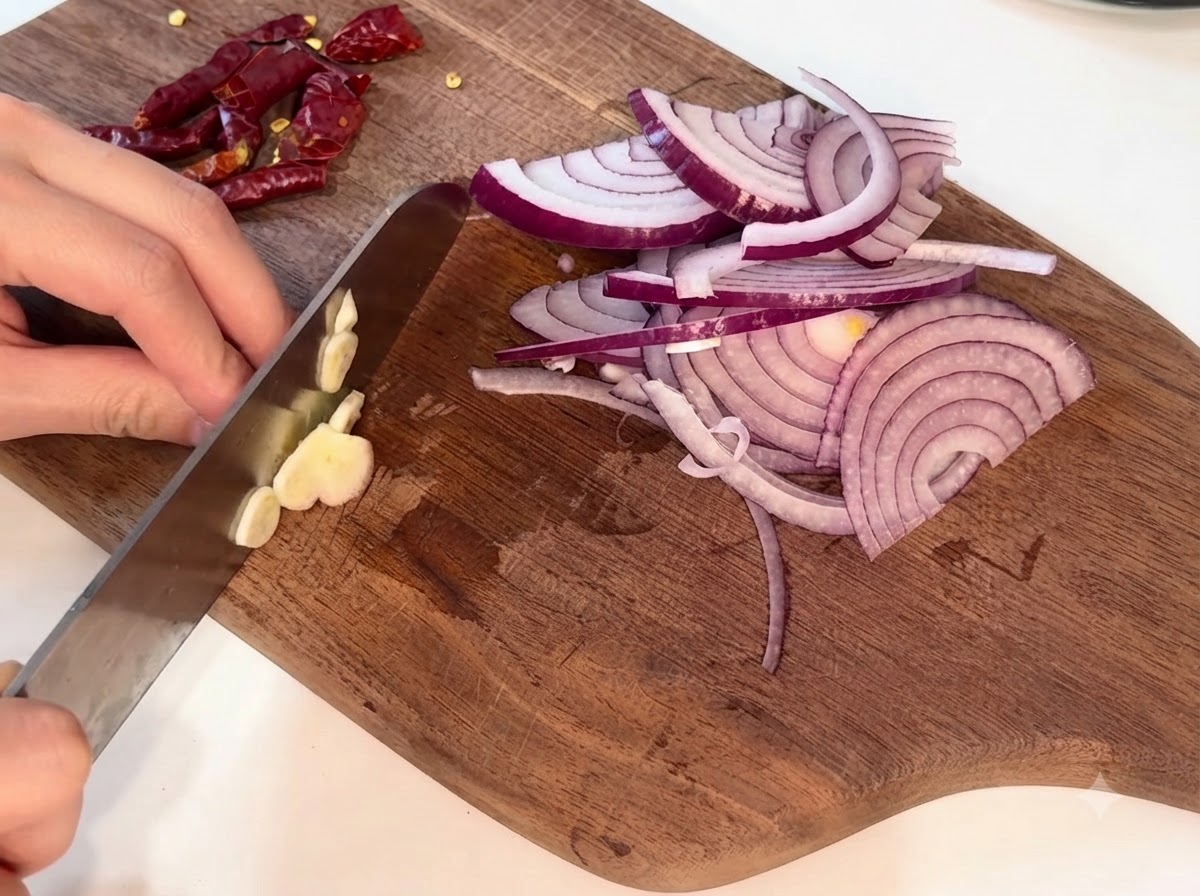Knoblauchzehen werden auf einem Holzschneidebrett in dünne Stücke geschnitten.