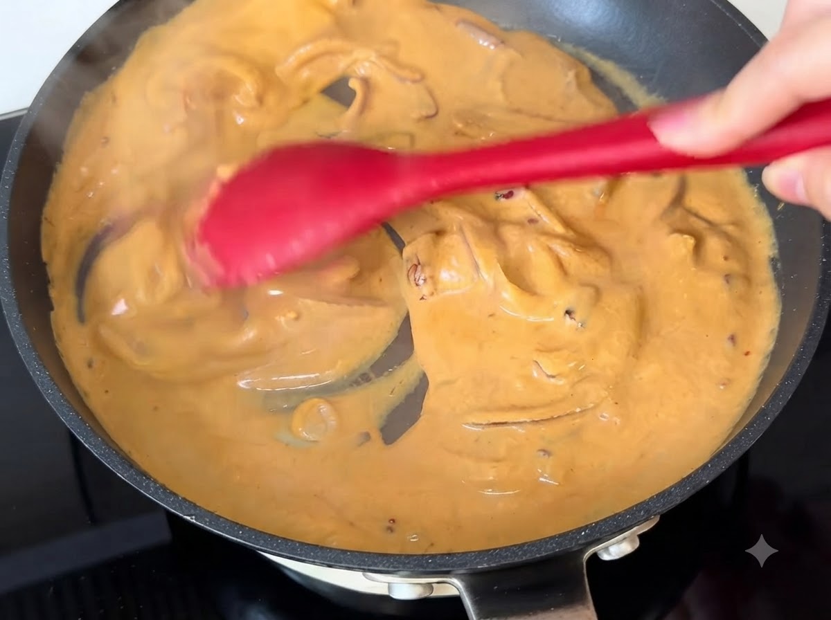 Ein roter Spatel rührt cremige, orangefarbene Currysoße in einer Pfanne um.