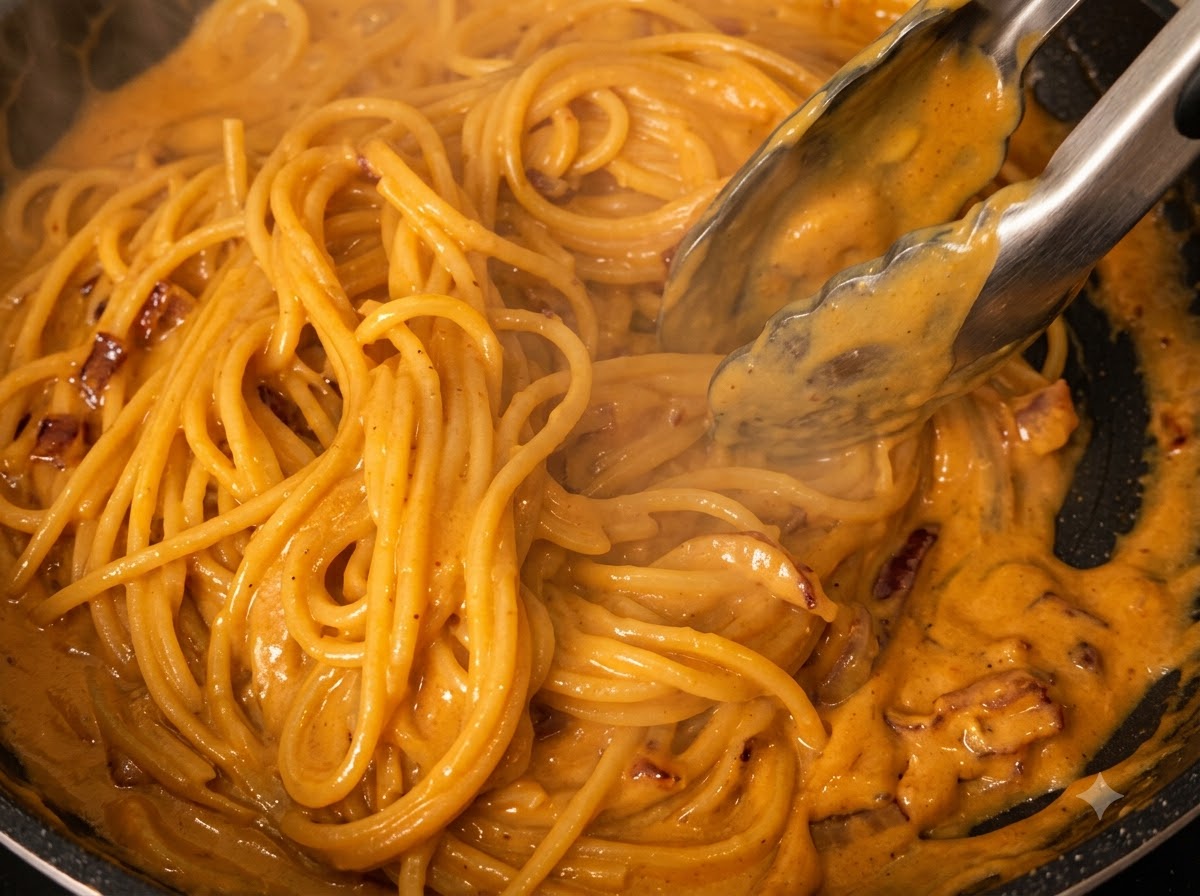 Spaghetti-Pasta wird mit einer Zange in einer reichhaltigen Curry-Creme-Soße geschwenkt.