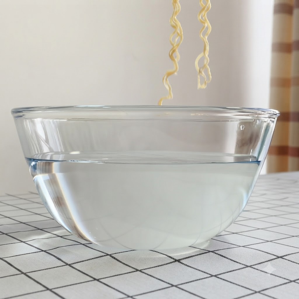Nudeln werden in eine mit klarem Wasser gefüllte Glasschüssel getaucht.