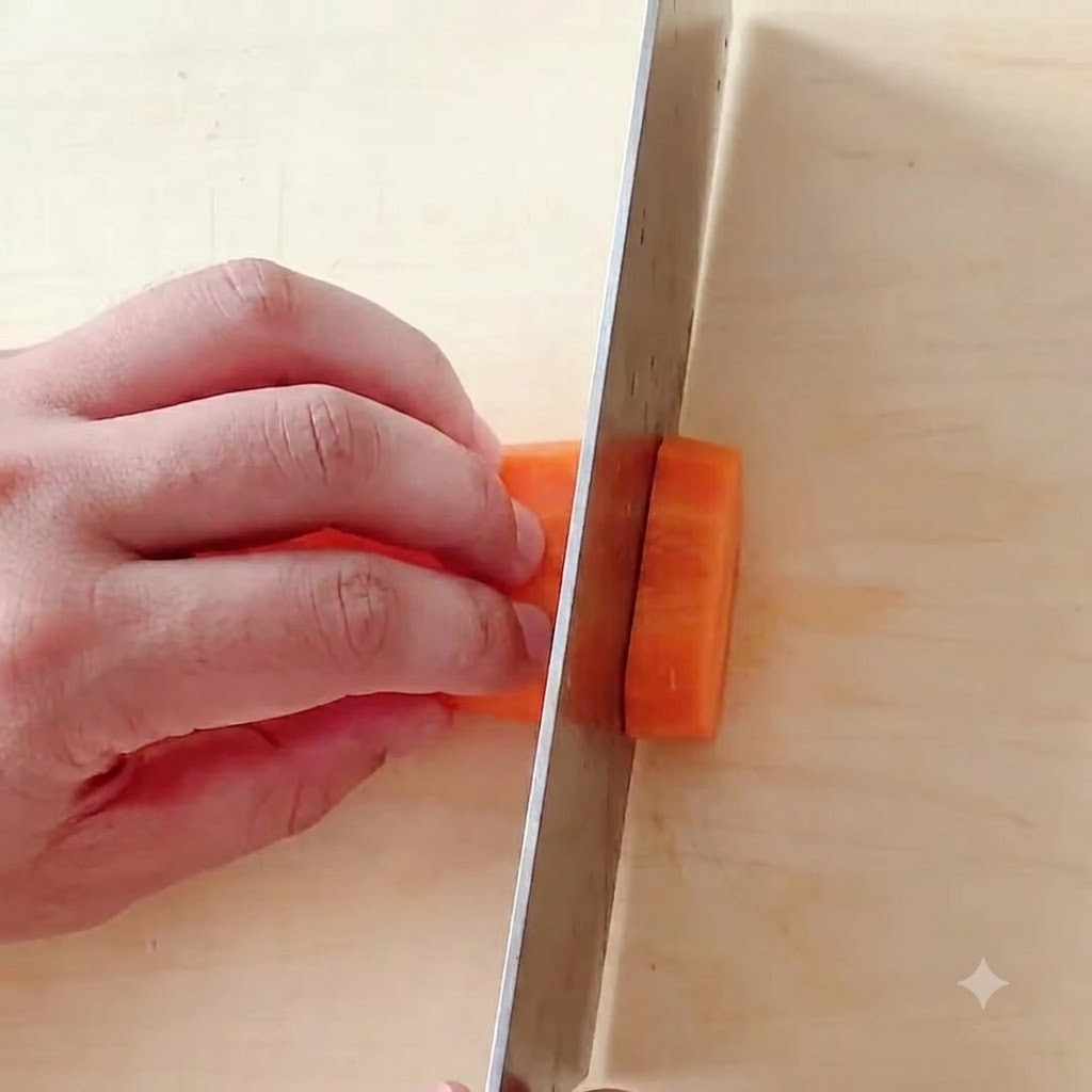 Karotten werden auf einem Holzschneidebrett in kleine, gleichmäßige Würfel geschnitten.