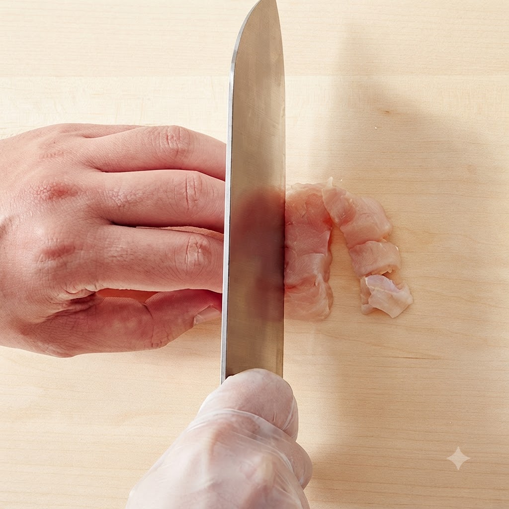 Hähnchenbrustfleisch wird auf einem Holzschneidebrett in kleine Stücke geschnitten.