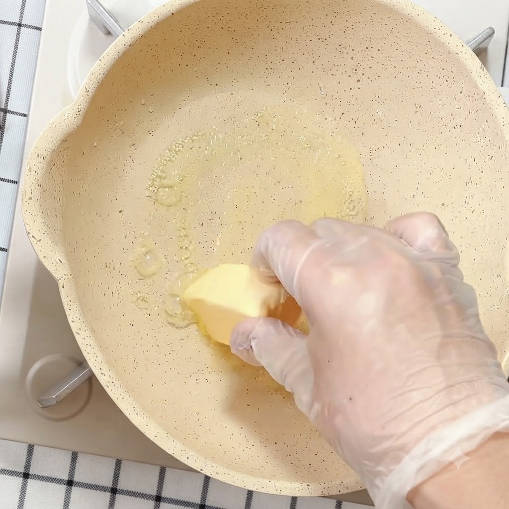 Ein Stück gelbe Butter schmilzt in einer keramischen Antihaftpfanne zu Flüssigkeit.