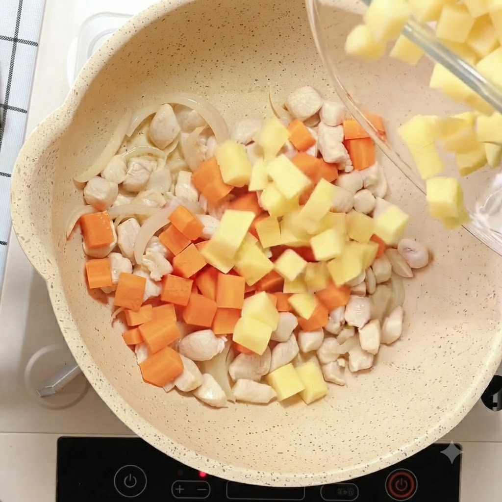 Gelbe Kartoffelwürfel werden in die Pfanne mit Hähnchen, Karotten und Zwiebeln gegeben.