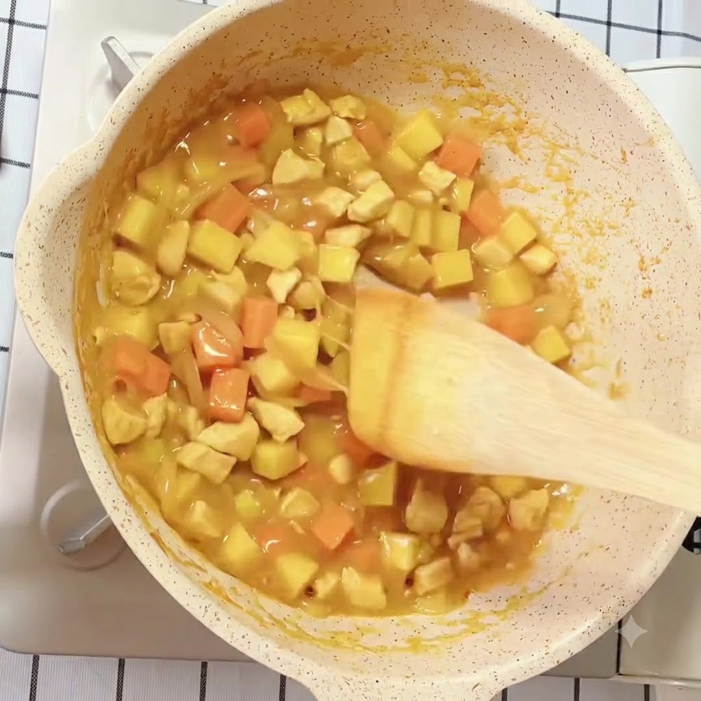 Currysauce mit Kartoffeln, Karotten und Hähnchen köchelt und reduziert in einer Pfanne.