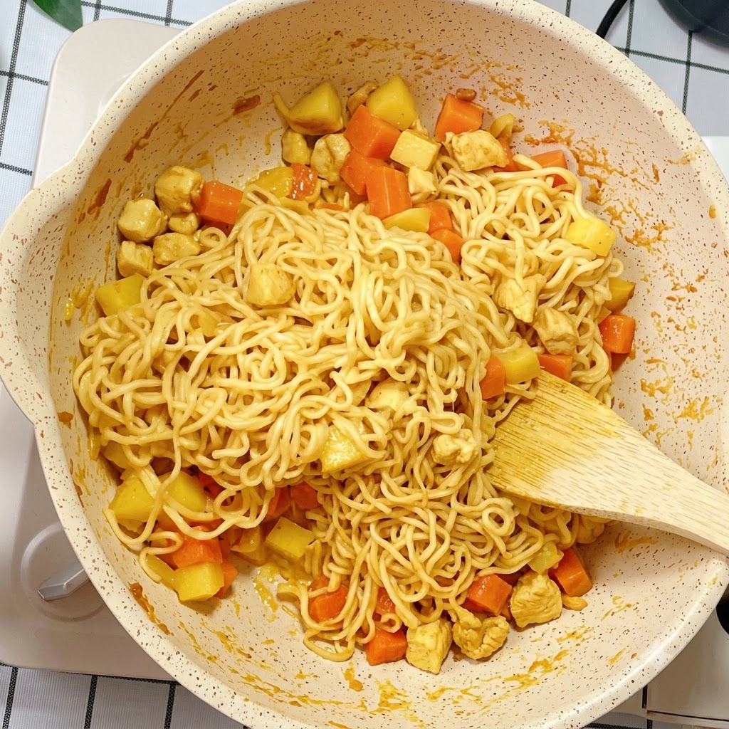Instant-Nudeln und Curry-Zutaten werden in einer Kochpfanne gleichmäßig vermischt und angebraten.