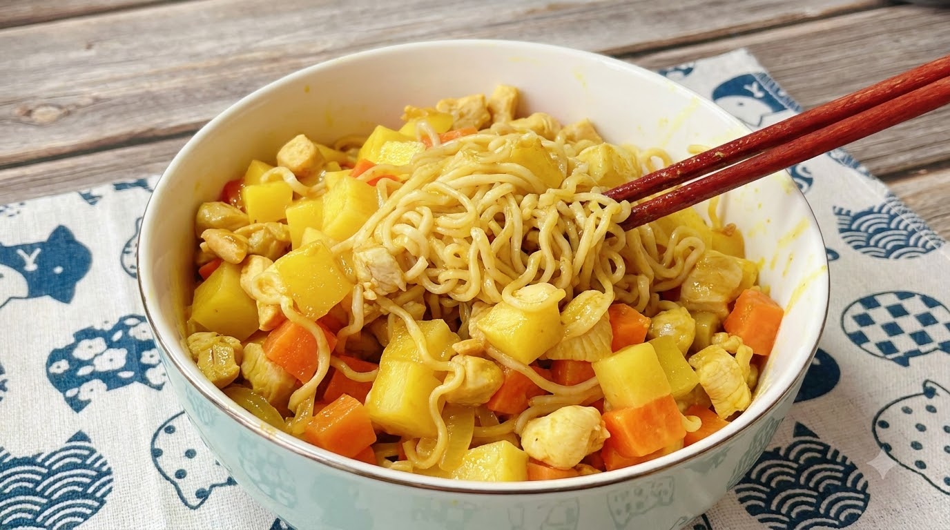 Schnelle Curry-Hähnchen-Nudeln mit Kartoffeln und Karotten