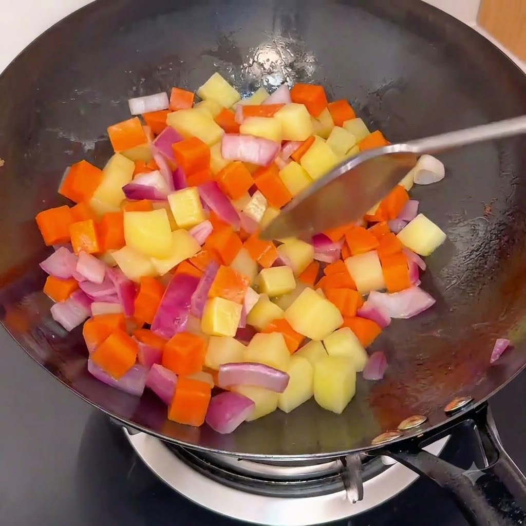 Gewürfelte Kartoffeln und Karotten werden in einem heißen Wok mit Zwiebeln vermischt.