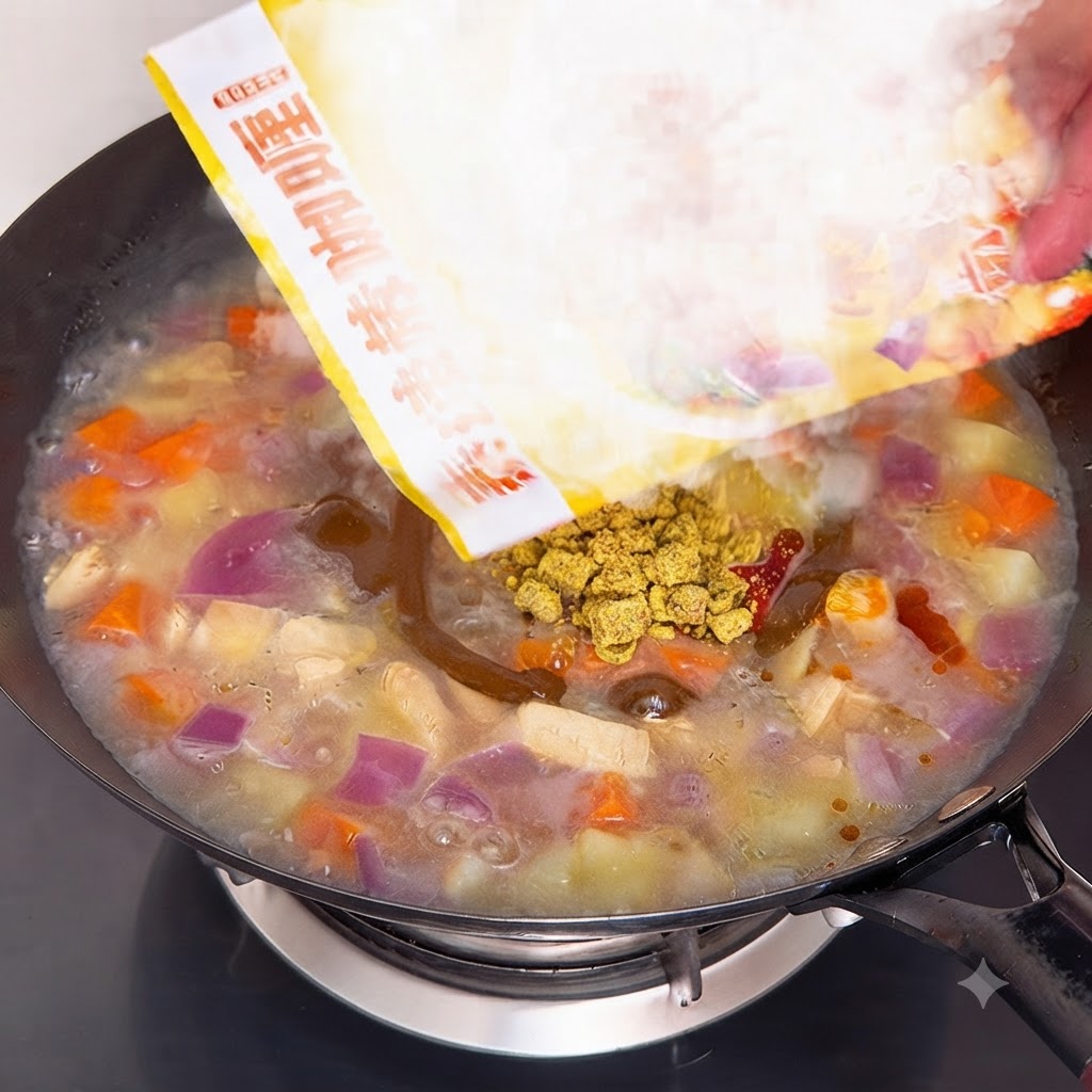 Currywürfel werden zu dem köchelnden Topf mit Hähnchen, Kartoffeln, Karotten und kochendem Wasser gegeben.