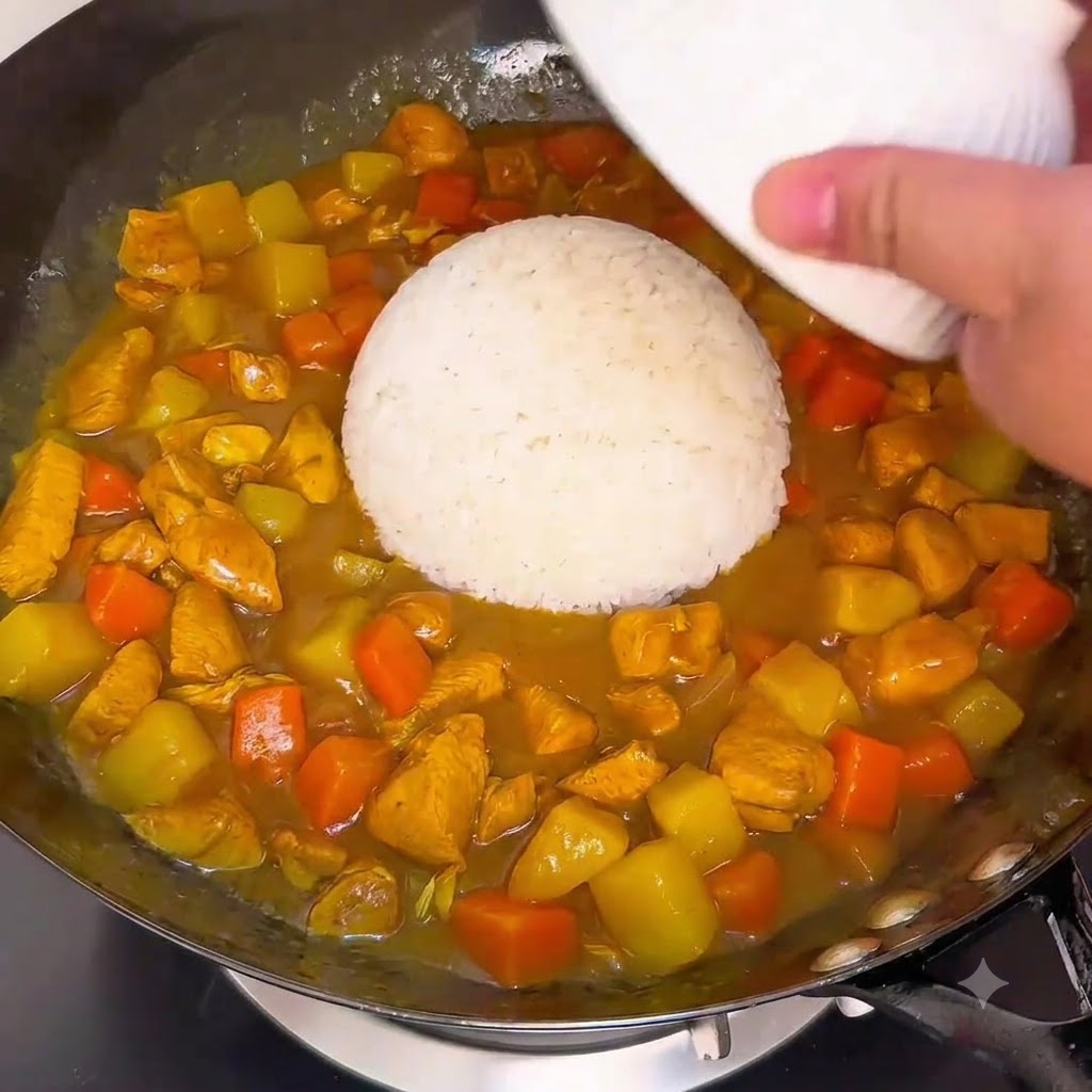 Eine Schüssel weißer Reis wird direkt in die dicke Currysauce in einem Wok gestürzt.