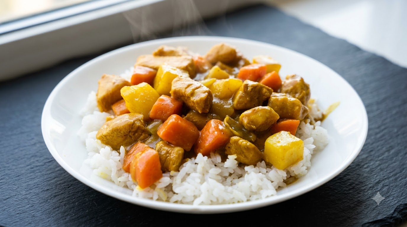 Hausgemachtes Hähnchen-Curry mit Reis, Kartoffeln und Karotten
