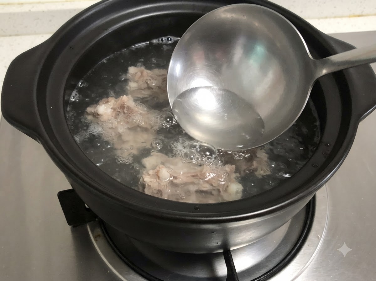 Eine Kelle entfernt grauen Schaum von kochenden Schweineknochen in einem Tontopfcite: 1.