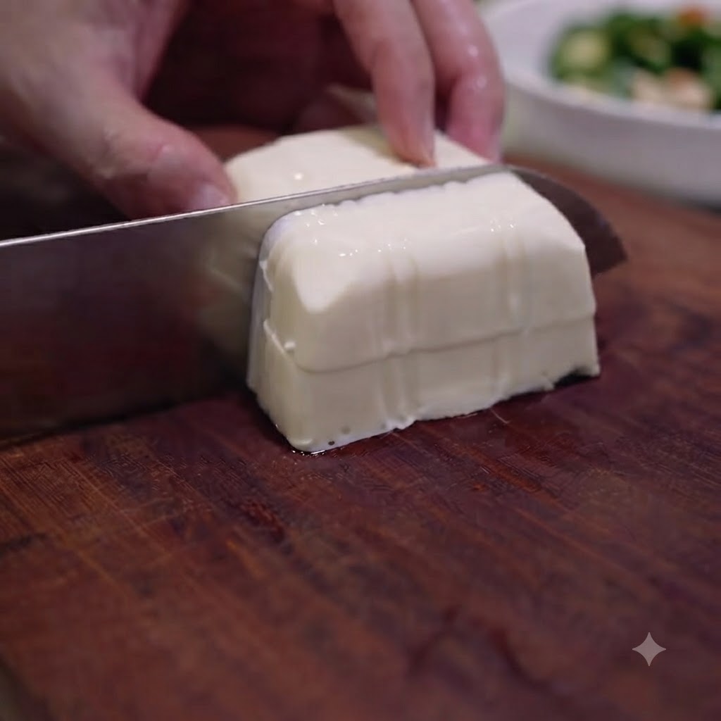 Ein Block weißer, zarter Tofu wird auf einem Holzschneidebrett in kleine Würfel geschnitten.