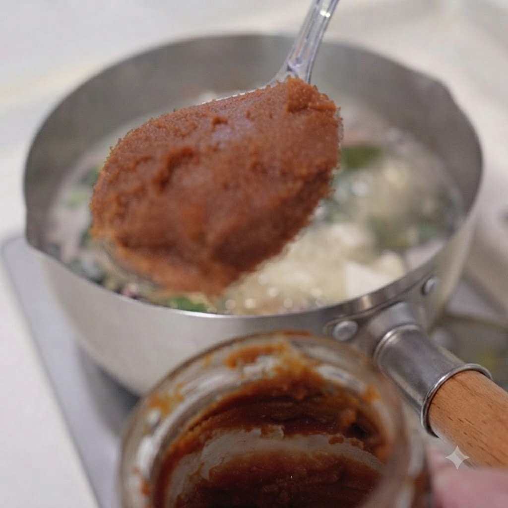Ein Löffel braune Miso-Paste wird über einem Glas gehalten, während im Hintergrund die Suppe köchelt.