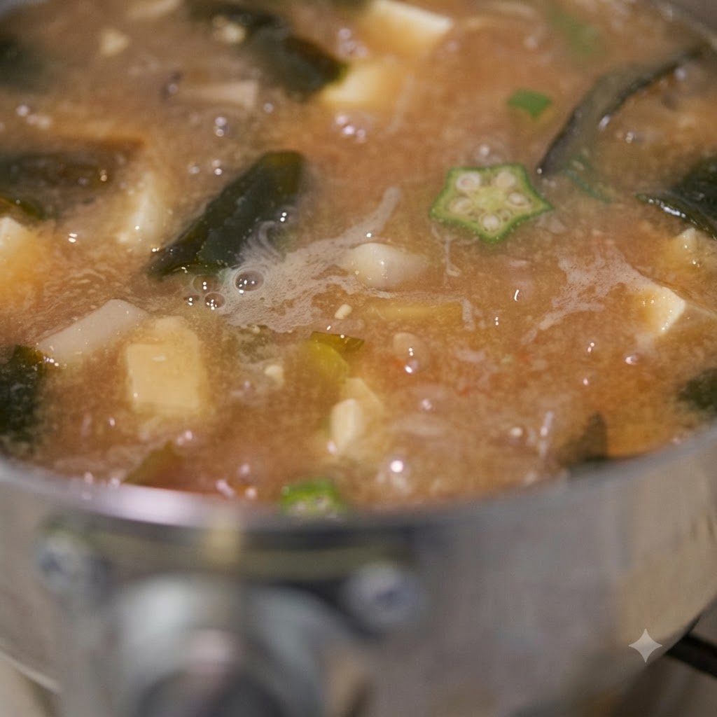 Nahaufnahme einer köchelnden Okra-Miso-Suppe mit Stücken von Okra, Tofu und Pilzen beim Umrühren.
