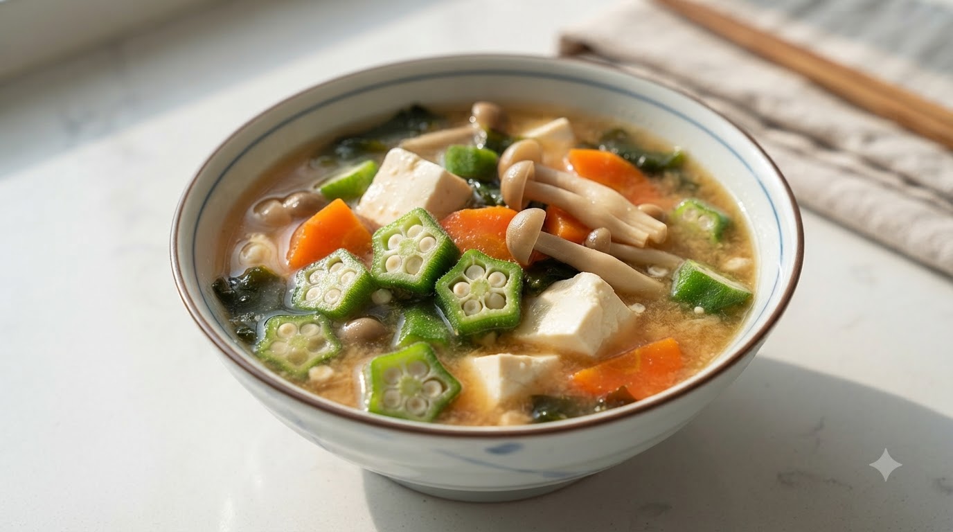 Nahrhafte Okra-Miso-Suppe mit Tofu und Pilzen