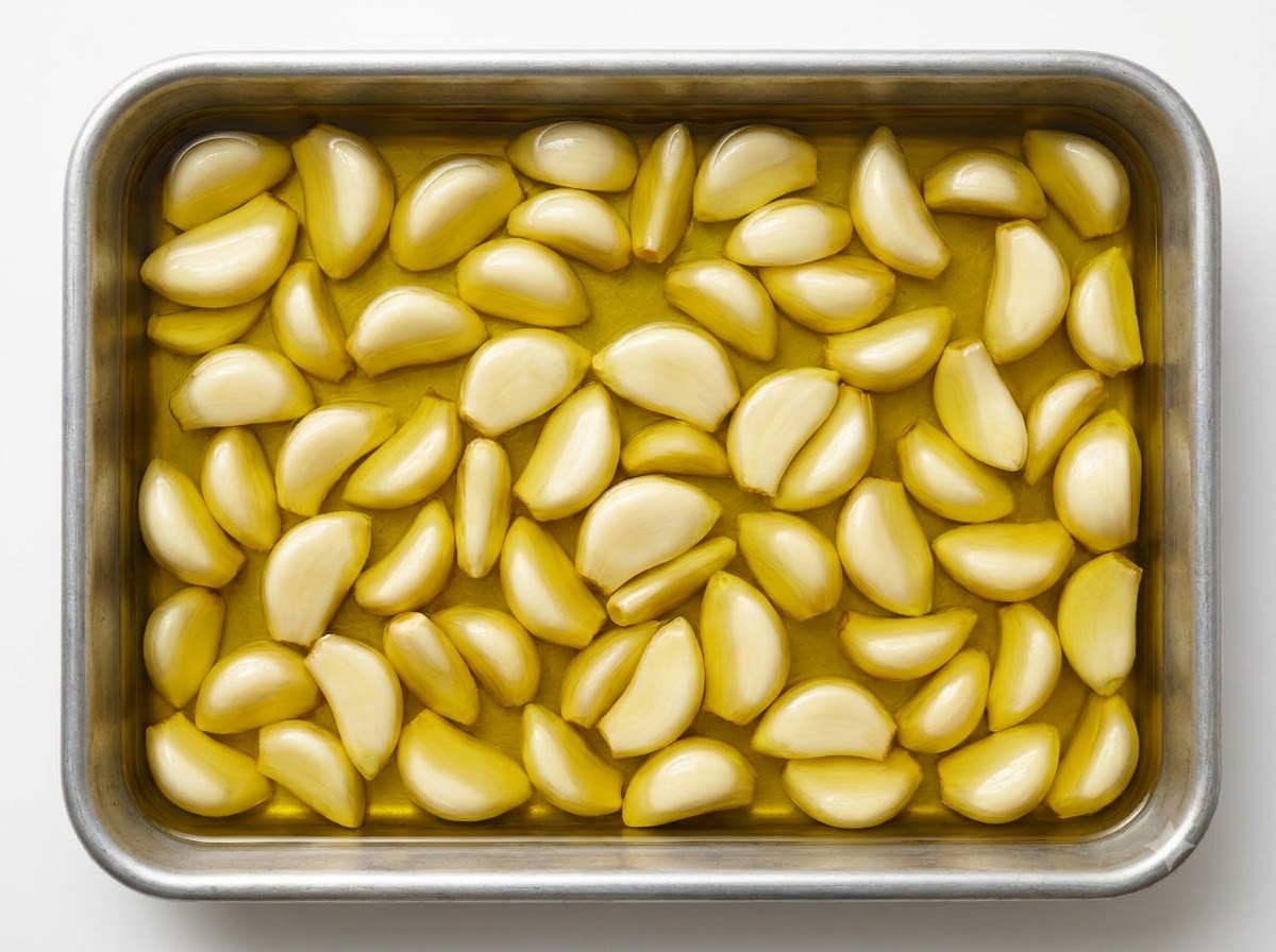 Olivenöl wird von oben über eine Schicht geschälter Knoblauchzehen in einer Metallform gegossen.