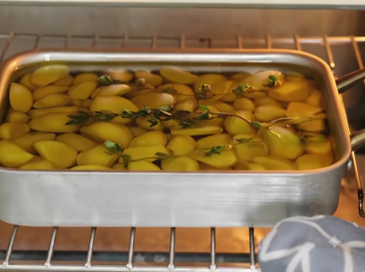 Eine Backform mit Knoblauch, Öl und Thymian wird in den Ofen geschoben.