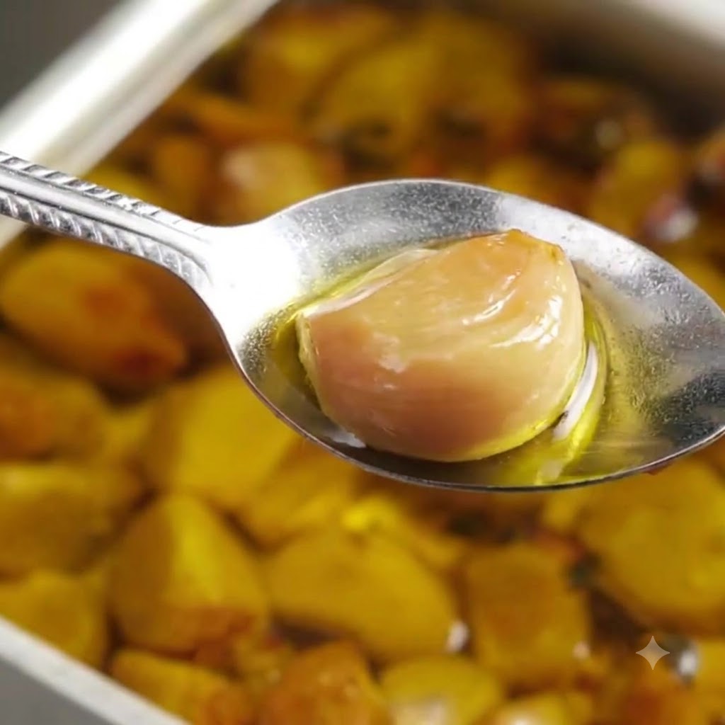 Nahaufnahme eines Löffels, der eine goldene gebackene Knoblauchzehe zu einer glatten Paste zerdrückt.