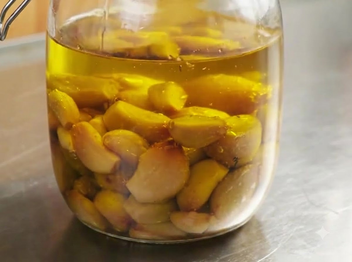 Ein verschlossenes Glas mit goldenem Knoblauch-Confit, das in klarem Olivenöl schwimmt.