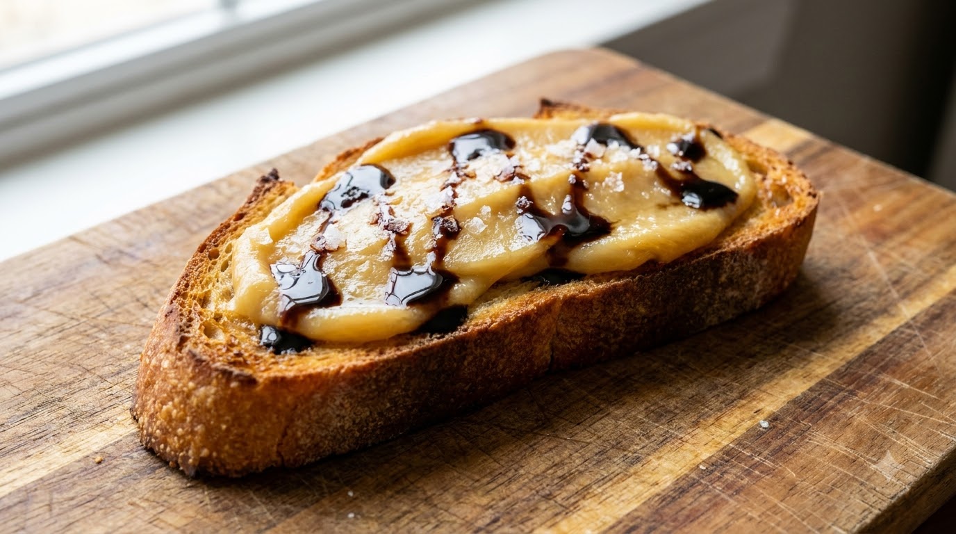 Eine Nahaufnahme einer Scheibe getoasteten Baguettes mit goldener Knoblauch-Confit-Paste, beträufelt mit dunklem Balsamico und bestreut mit Meersalz, gehalten von einer Hand.