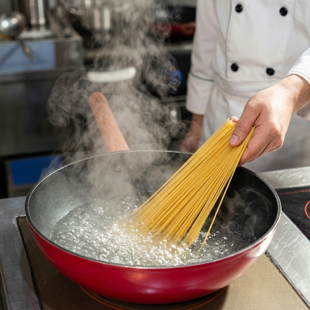 Trockene Spaghetti-Pasta wird in einen Topf mit kochendem Wasser gegeben.