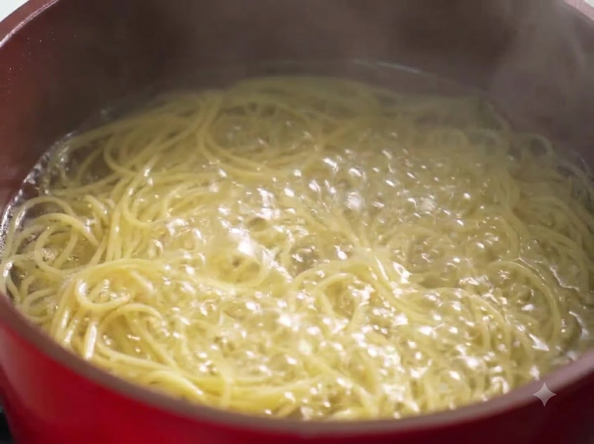 Gekochte Spaghetti-Pasta kocht im Wasser.
