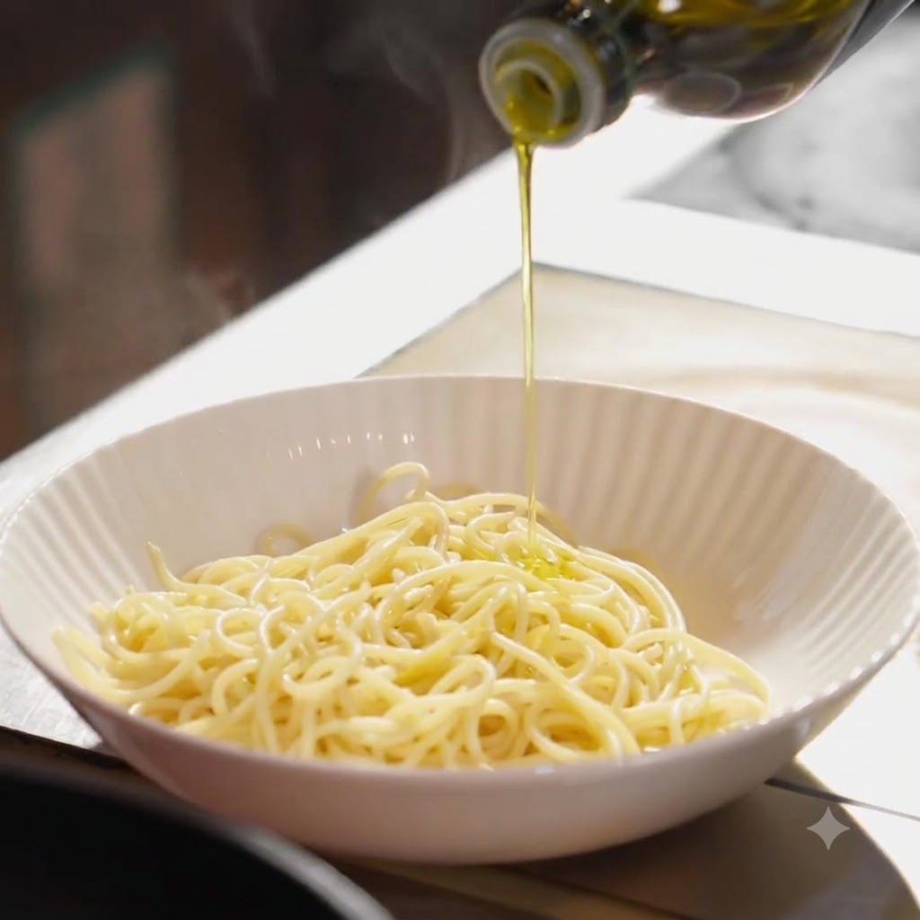 Olivenöl wird über gekochte Pasta in einer Schüssel geträufelt.