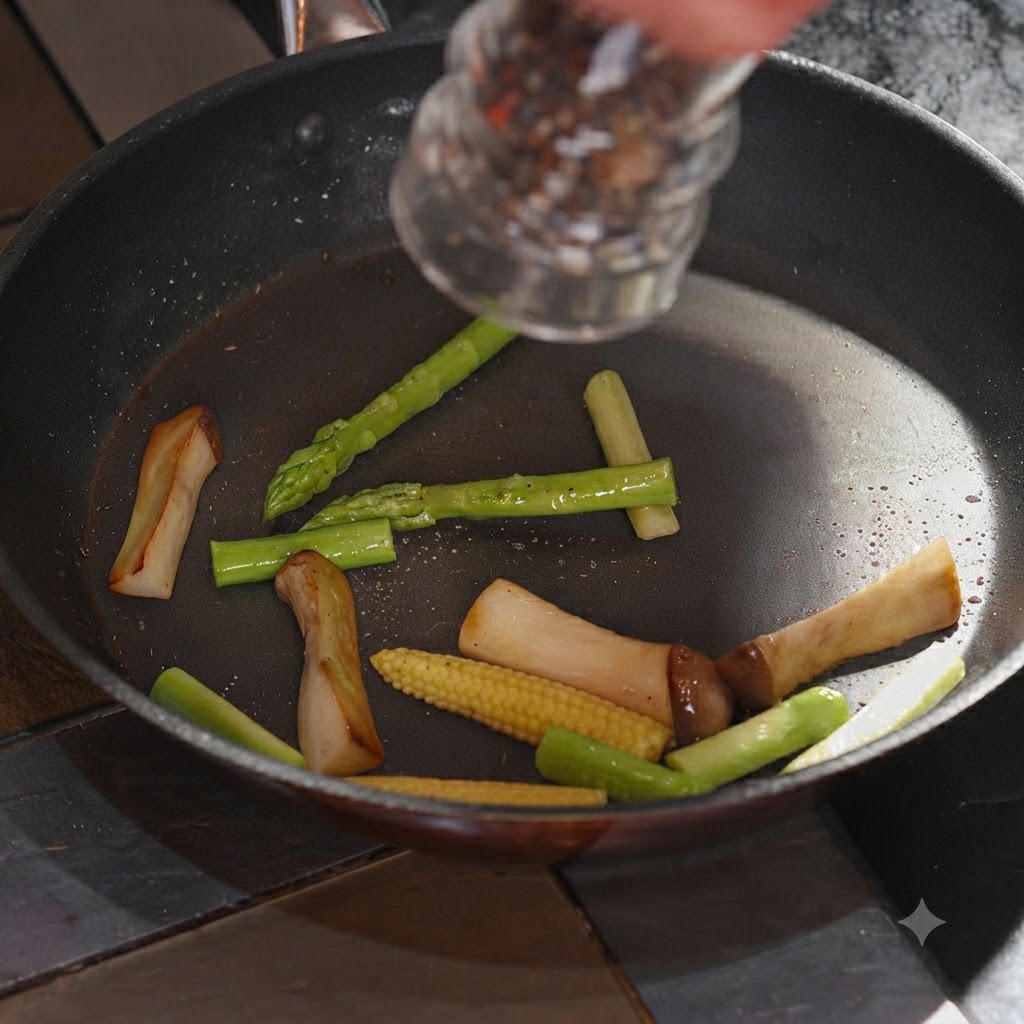 Eine Pfeffermühle würzt Spargel, Pilze und Baby-Mais in der Pfanne mit Salz und Pfeffer.