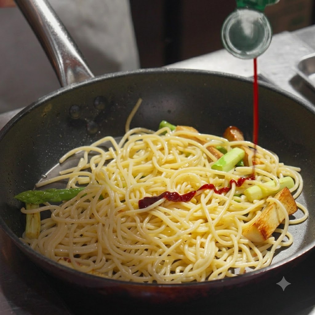 Dunkle Sauce wird aus einer Flasche auf ein Bett aus Spaghetti und Gemüse in einer Pfanne gegossen.