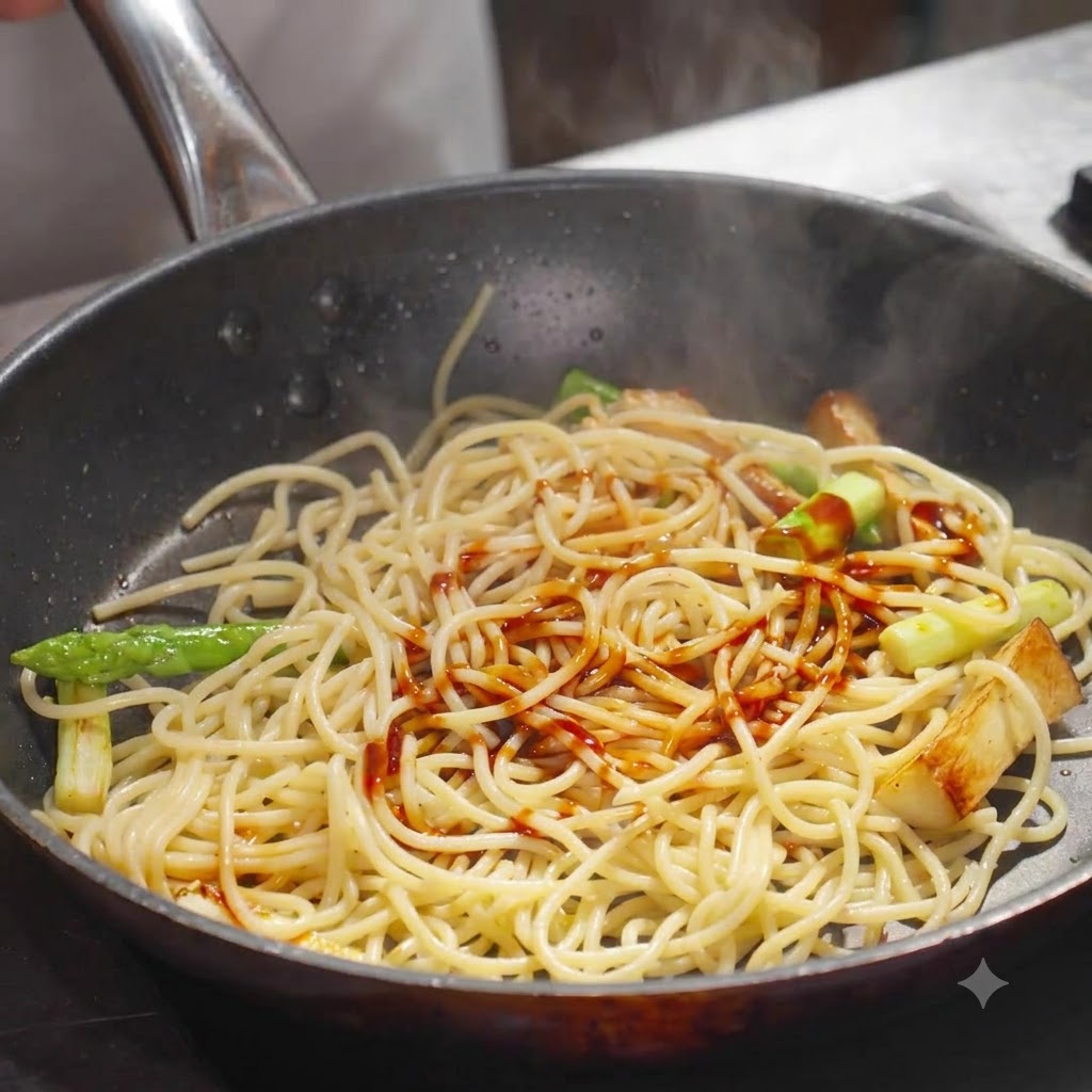 Spaghetti-Pasta vermischt mit Gemüse in der Pfanne, beträufelt mit Sojasauce und Austernsauce.