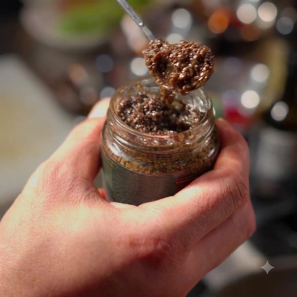 Ein Löffel schwarze Trüffelsauce wird über ein Glas gehalten, bereit zum Hinzufügen.