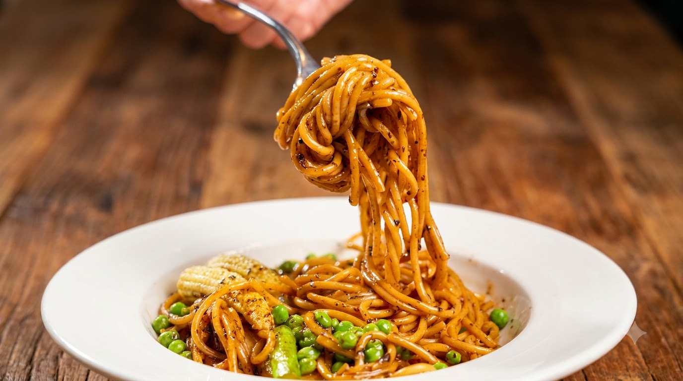 Gourmet-Pasta mit schwarzem Sommertrüffel, wilden Pilzen und Spargel