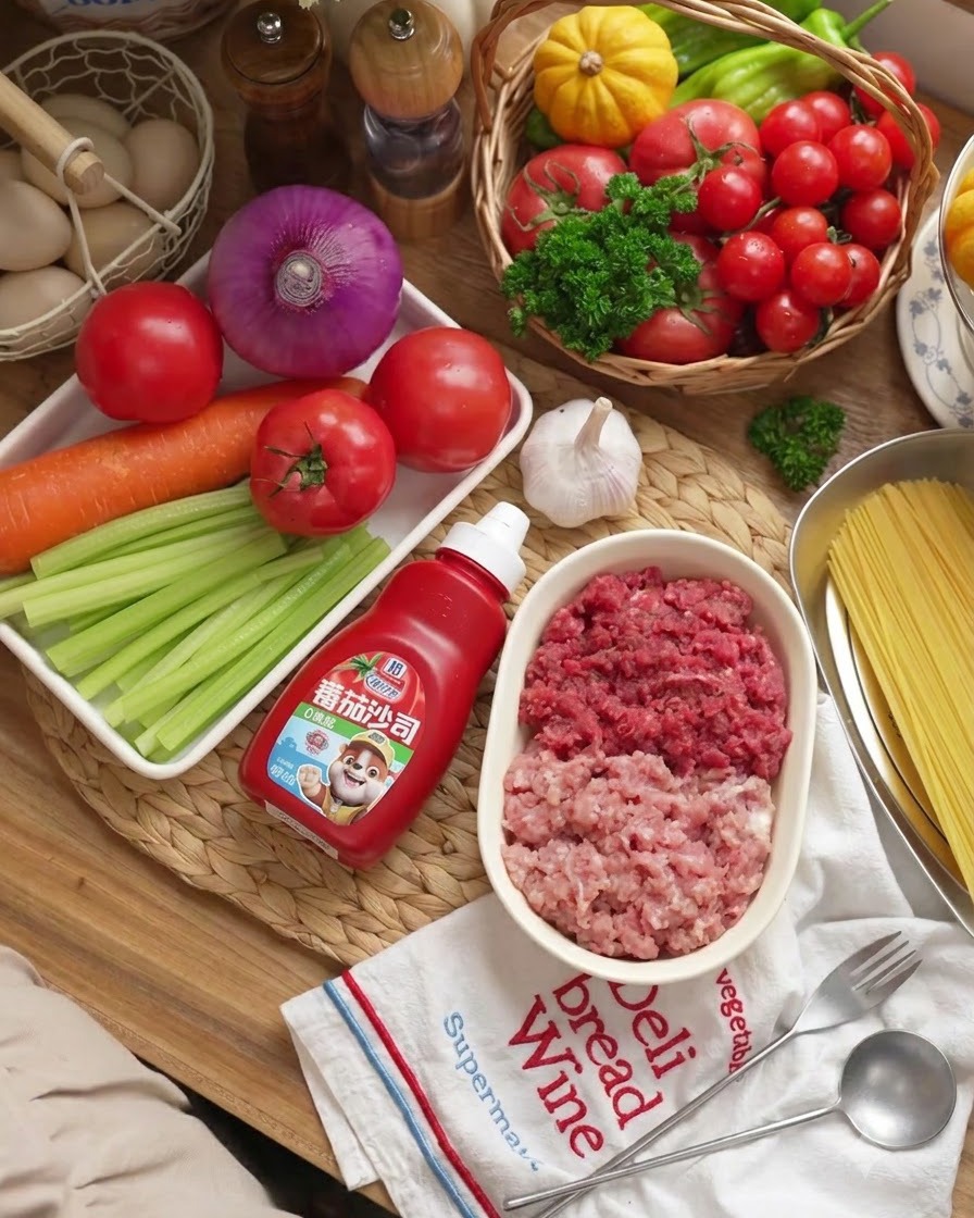Fein gehackter Sellerie, Karotten und Zwiebeln auf einem Holzschneidebrett neben einem Messer.