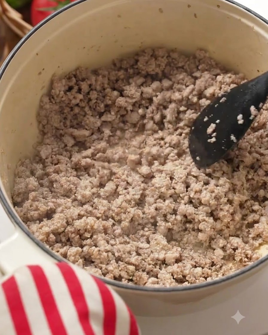 Gehackter Knoblauch wird über die angebratene Fleischmischung in den Kochtopf gegossen.