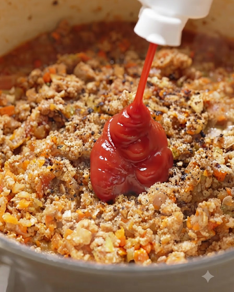Ketchup wird direkt in die gewürzte Fleisch-Gemüse-Mischung gedrückt.