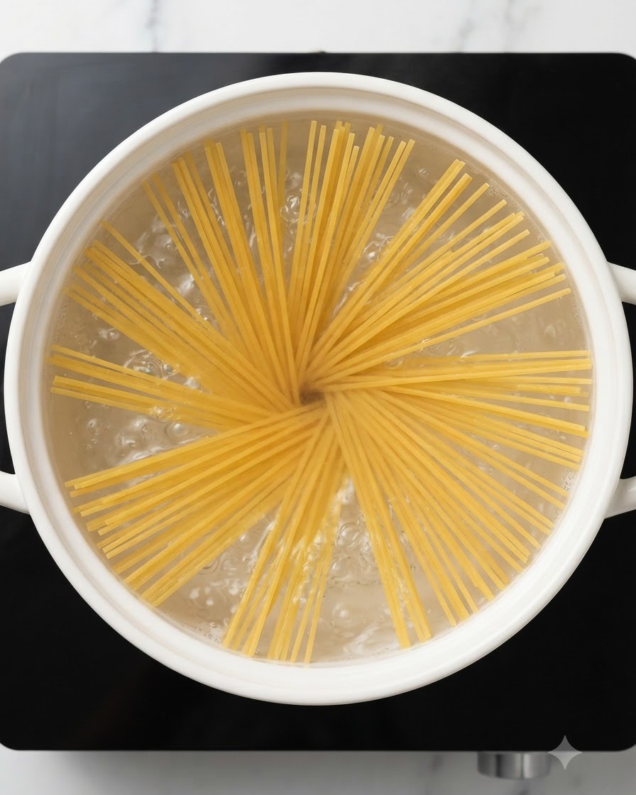 Trockene Spaghettinudeln sind sternförmig in einem Topf mit kochendem Wasser angeordnet.