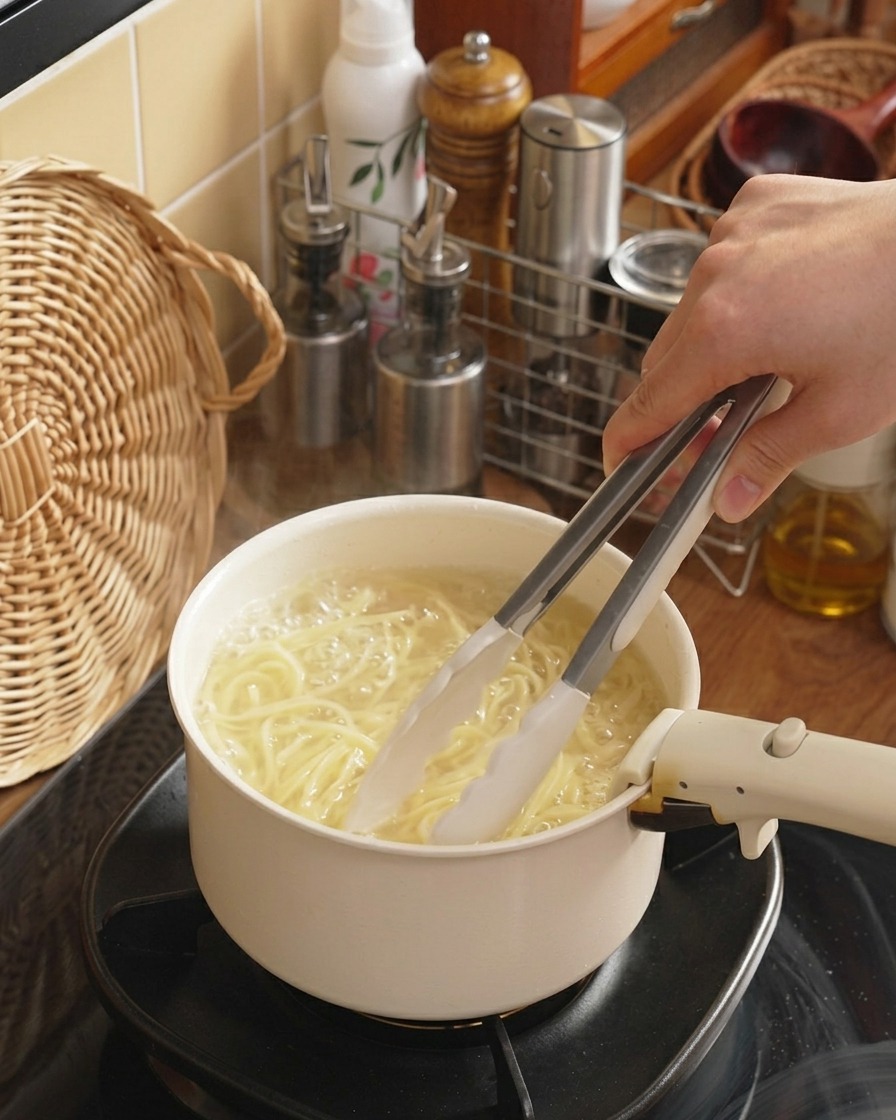 Eine Zange rührt Spaghettinudeln um, die in kochendem Wasser garen.